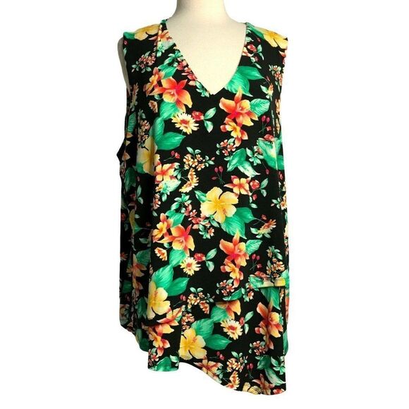 Rafaella Womens Bold Black Floral V-Neck Top 2X Hi-Low Sleeveless Pullover NEW - Picture 2 of 8